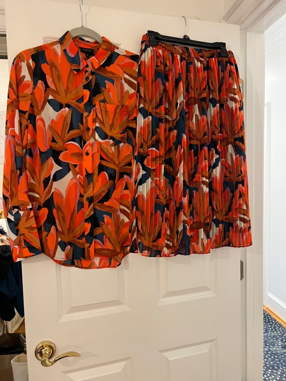 Who What Wear Orange & Navy Floral Pleated Midi Skirt and Blouse